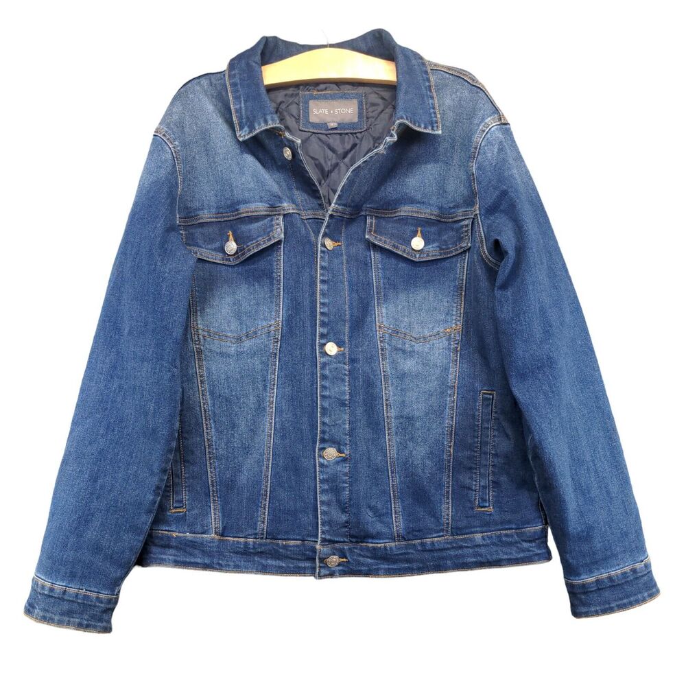 Slate & Stone Men's Denim Trucker Jacket Medium Long Sleeve Blue Flap Pockets